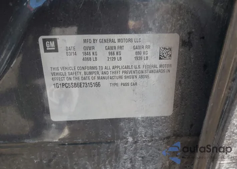 2014 Chevrolet Cruze 1Lt Auto z USA, uszkodzony, nr VIN 1G1PC5SB6E7315166